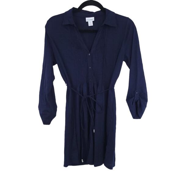 Motherhood Maternity Navy Shirt Medium, Tie Waist, Pintuck Chest, Button Up - Picture 1 of 2